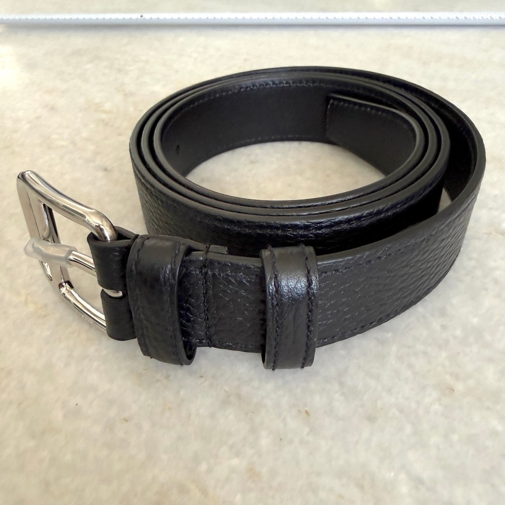 Prada 2CM276 Men's Pebbled Black Leather Belt silver buckle, 110cm - Picture 2 of 8